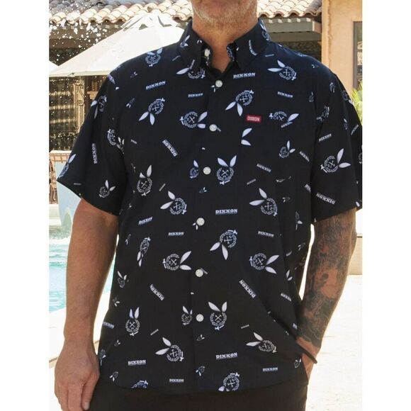 NWOT Dixxon Gent Party Black & White Short Sleeve Button Down Shirt Men’s Large - Picture 1 of 16